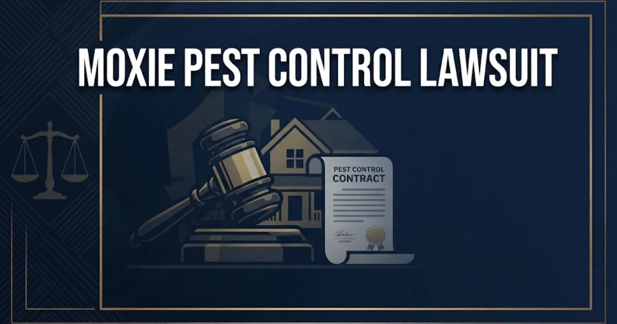 Moxie Pest Control lawsuit hero banner with gavel and contract imagery in navy and gold