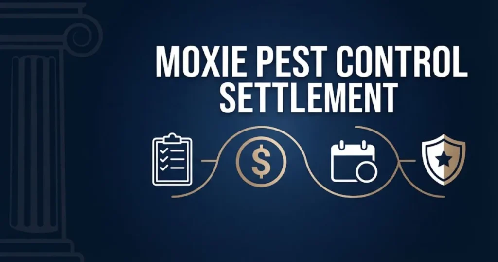 Moxie Pest Control settlement infographic showing payout and eligibility icons in navy design