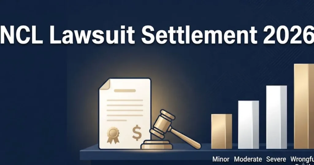 NCL lawsuit settlement 2026 infographic showing payout tiers and legal documents