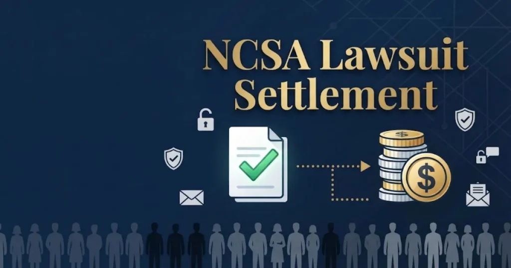 NCSA lawsuit settlement graphic showing payout and claim process icons