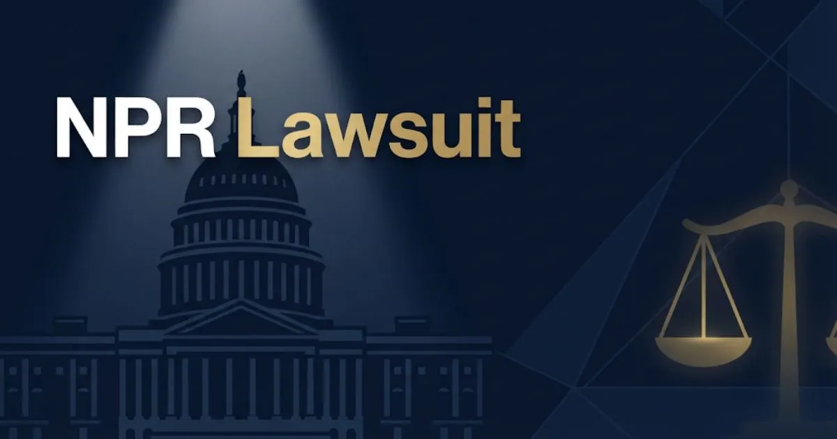 NPR Lawsuit hero banner with Capitol silhouette and scales of justice in navy and gold