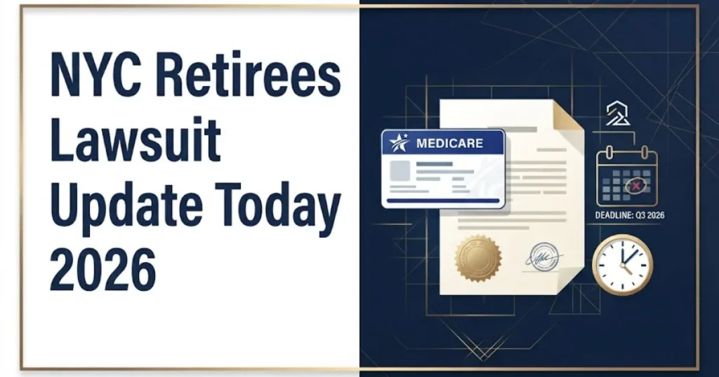 NYC retirees lawsuit update today 2026 graphic with Medicare card and legal document icons