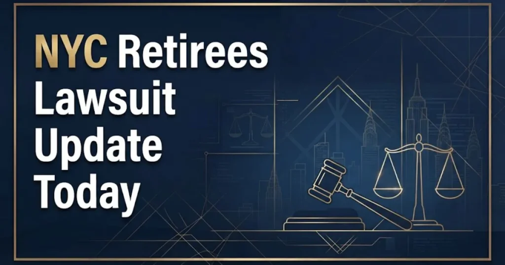 NYC retirees lawsuit update today hero banner with gavel and NYC skyline in navy and gold