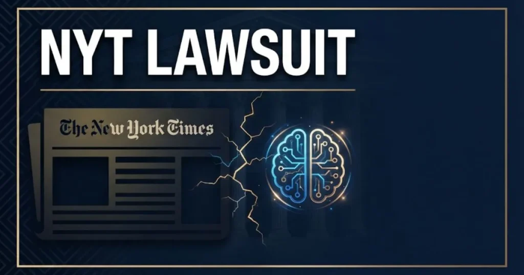 NYT lawsuit hero banner showing newspaper versus AI conflict in legal theme