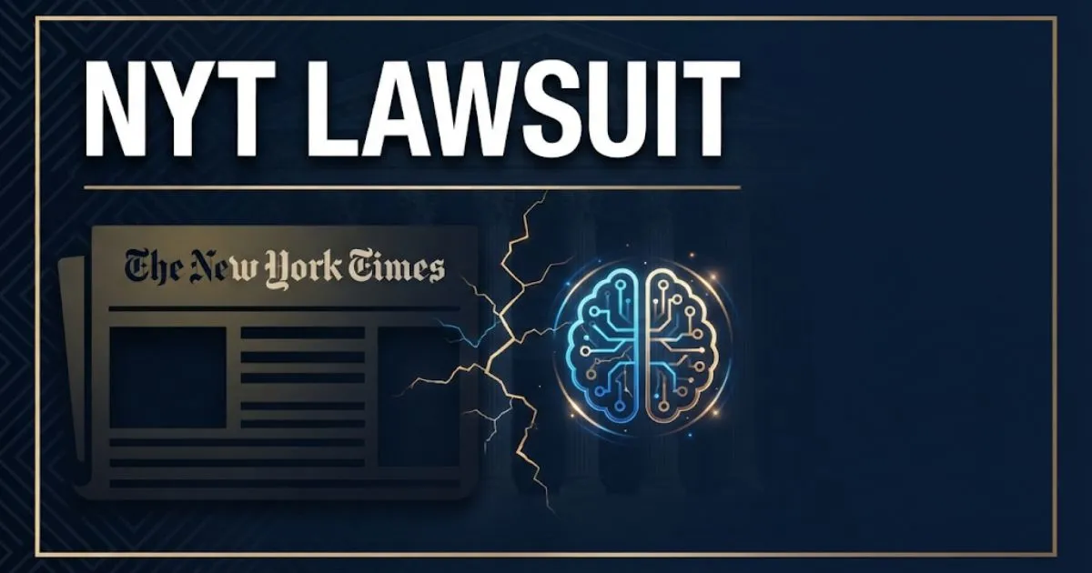 NYT lawsuit hero banner showing newspaper versus AI conflict in legal theme
