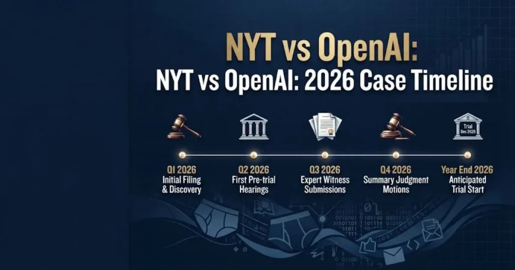 NYT vs OpenAI 2026 case timeline infographic with legal milestone markers