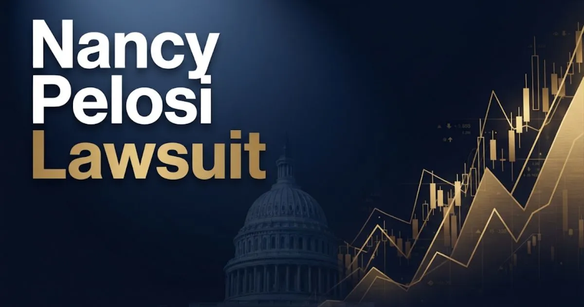 Nancy Pelosi lawsuit hero banner with Capitol silhouette and stock chart graphics in navy and gold