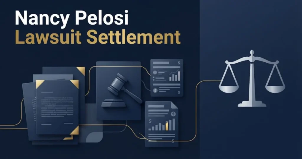 Nancy Pelosi lawsuit settlement graphic with legal documents and balance scale in navy and gold