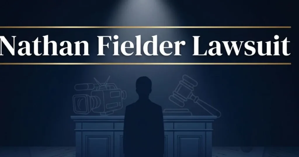 Nathan Fielder lawsuit hero banner with legal symbols and courtroom silhouette design