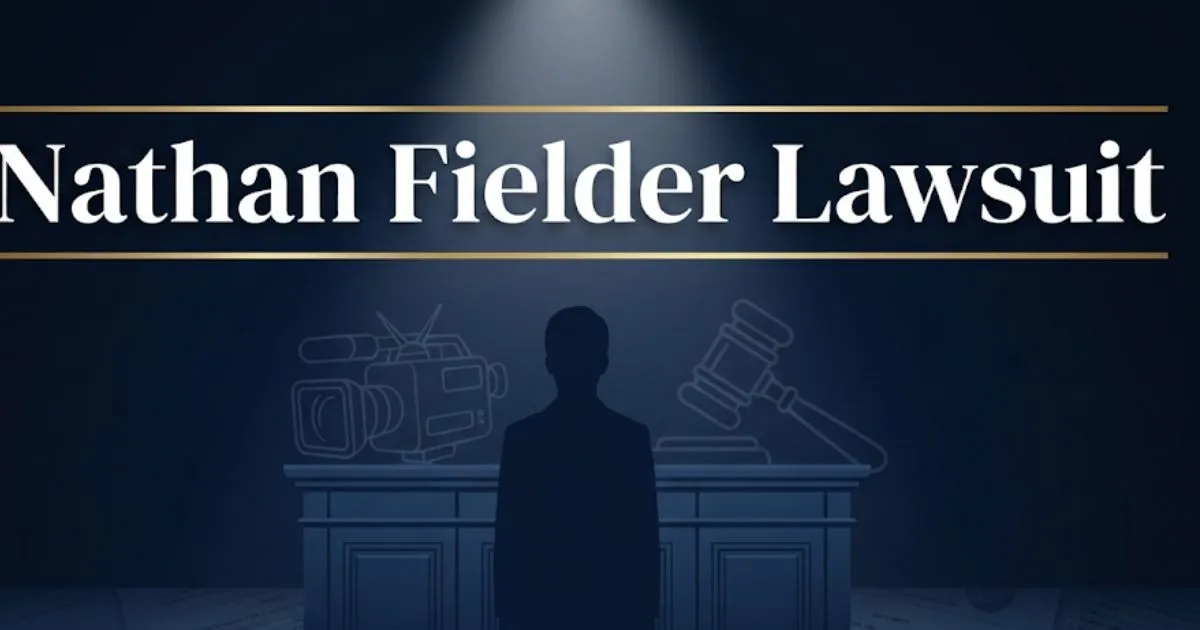 Nathan Fielder lawsuit hero banner with legal symbols and courtroom silhouette design
