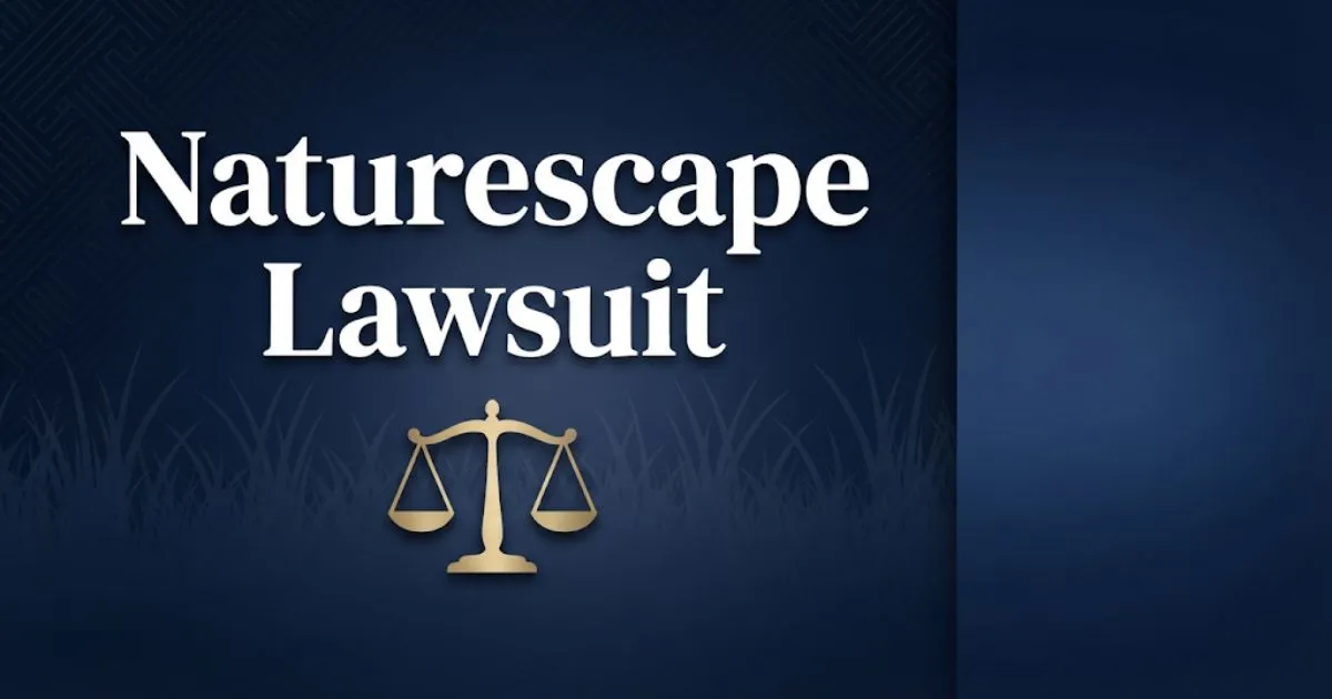 Naturescape lawsuit 2026 hero banner with legal scales and lawn care imagery