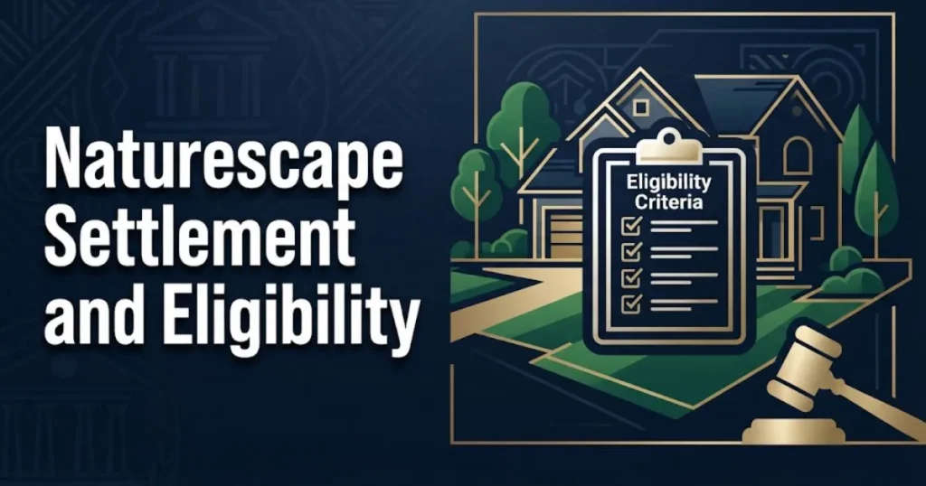 Naturescape lawsuit settlement eligibility checklist with legal and lawn care graphics
