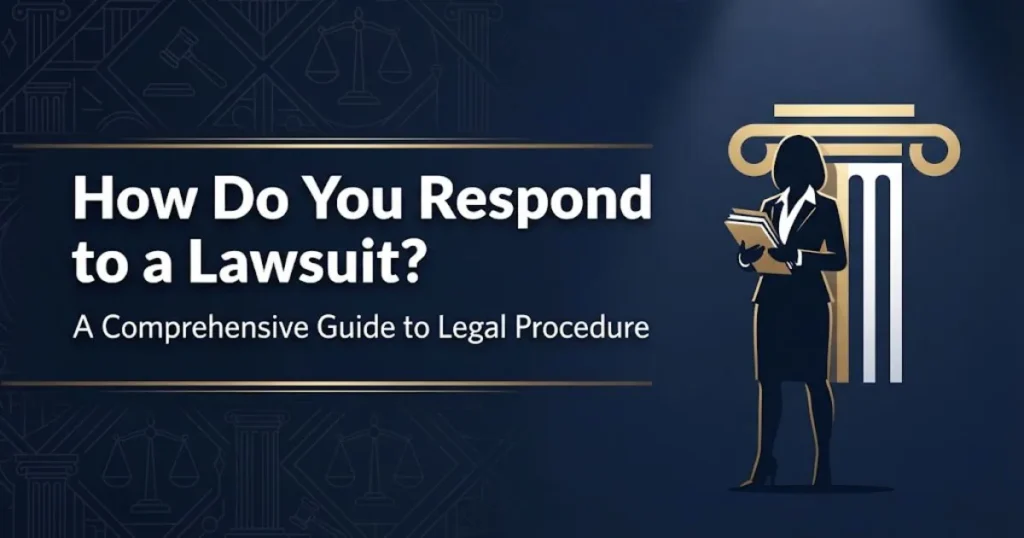 Navy blue banner with bold text how do you respond to a lawsuit and courthouse silhouette icon