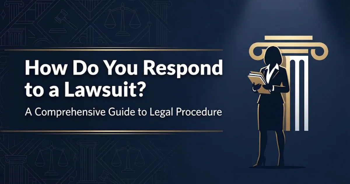Navy blue banner with bold text how do you respond to a lawsuit and courthouse silhouette icon