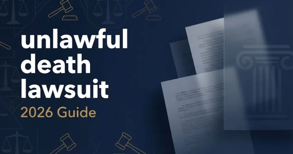 Navy blue editorial banner with bold white text reading unlawful death lawsuit and gold legal scale icons for 2026 guide