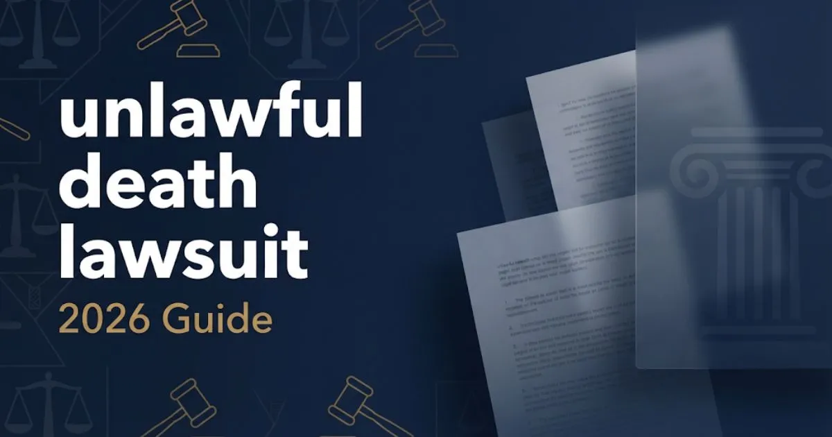 Navy blue editorial banner with bold white text reading unlawful death lawsuit and gold legal scale icons for 2026 guide