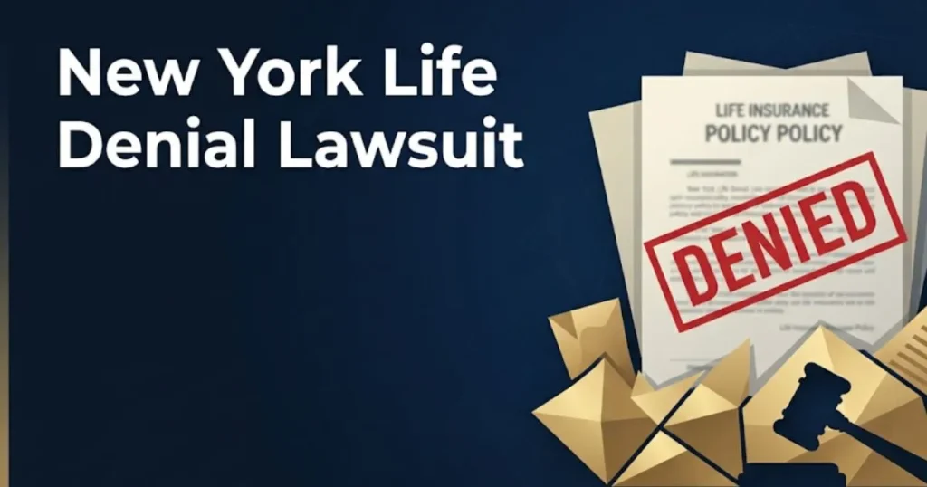 New York Life denial lawsuit graphic showing denied insurance claim document and gavel