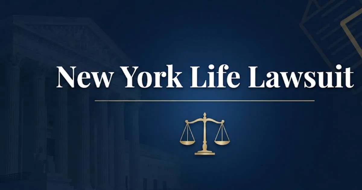 _New York Life lawsuit 2026 hero banner with courthouse silhouette and scales of justice