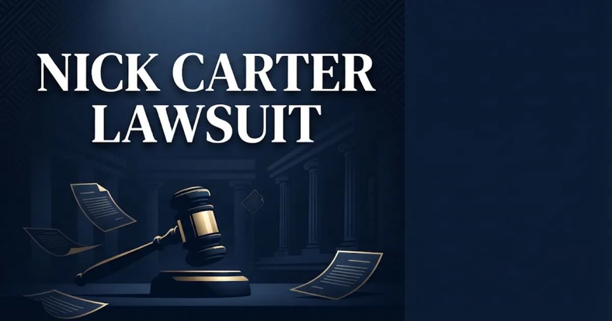 Nick Carter lawsuit hero banner with gavel and legal documents in navy and gold tones