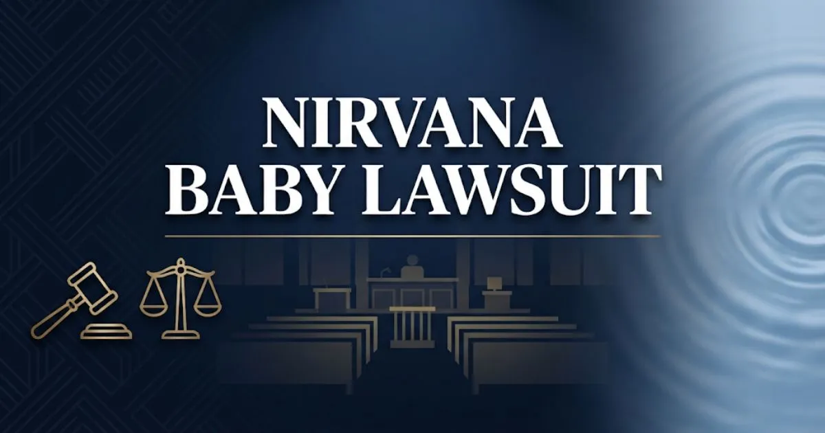 Nirvana baby lawsuit hero banner with legal scales, gavel, and courtroom silhouette in navy and gold design