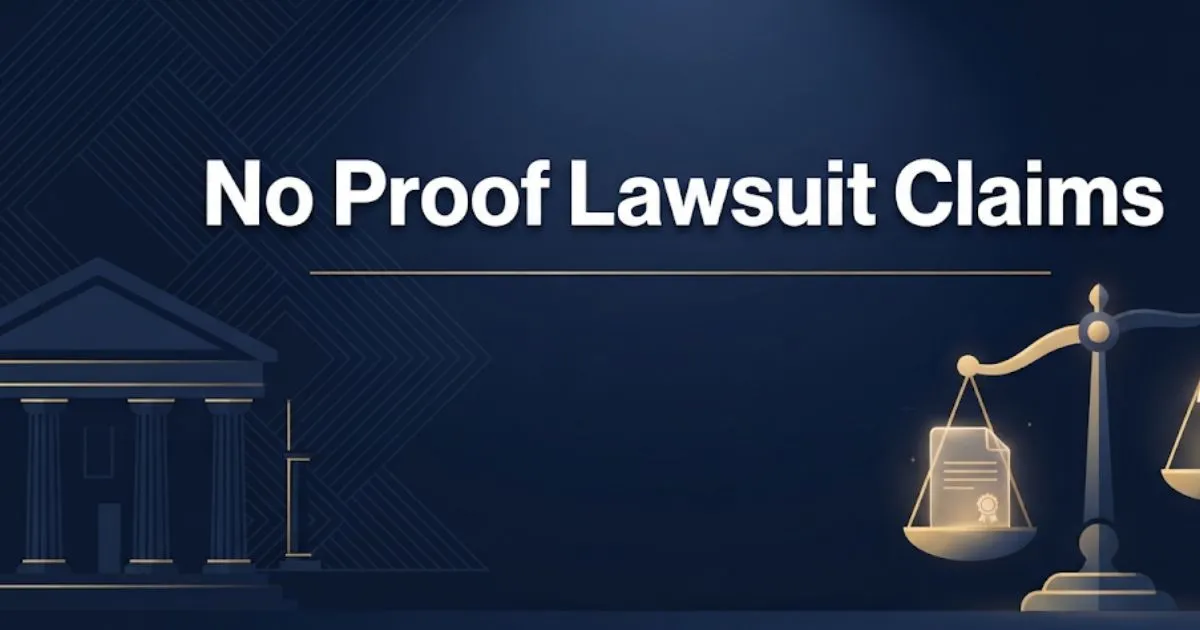 No proof lawsuit claims guide banner with courthouse and scales of justice icons