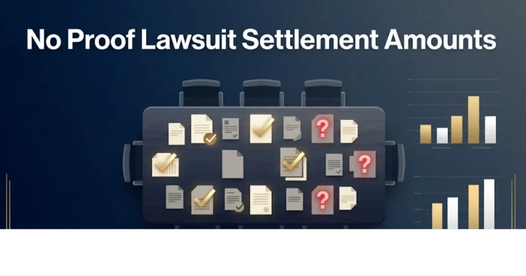 No proof lawsuit settlement amounts infographic with documents and payout chart