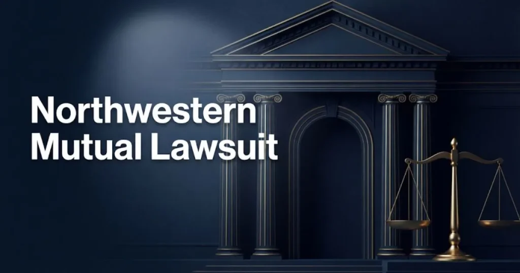 Northwestern Mutual Lawsuit hero banner with legal scales and courthouse in navy and gold
