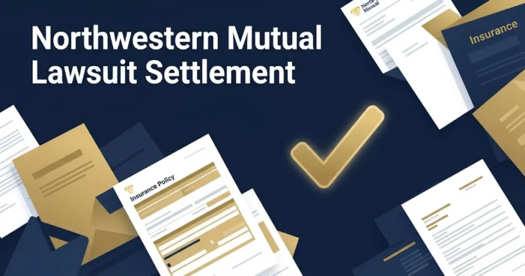 Northwestern Mutual Lawsuit settlement graphic with policy documents and gold checkmark