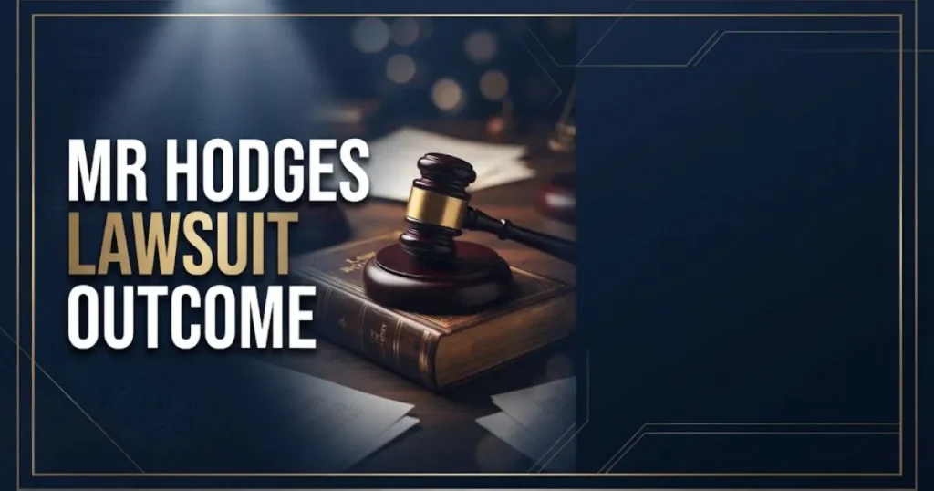 Official editorial banner featuring the text mr hodges lawsuit outcome with a gavel and law books in navy and gold.