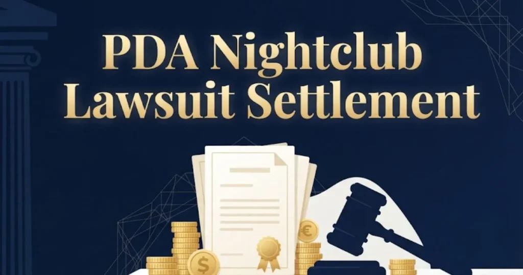 PDA nightclub lawsuit settlement graphic with gavel and legal documents illustration