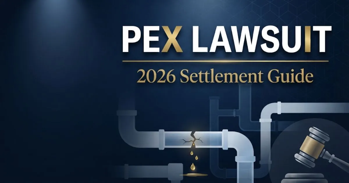 PEX lawsuit 2026 hero banner with cracked pipe illustration and gold settlement guide typography on navy background