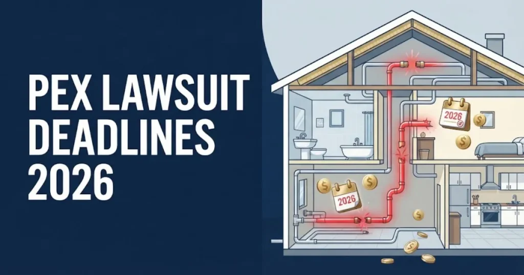 PEX lawsuit deadlines 2026 graphic showing house cross-section with highlighted defective plumbing pipes and calendar icons