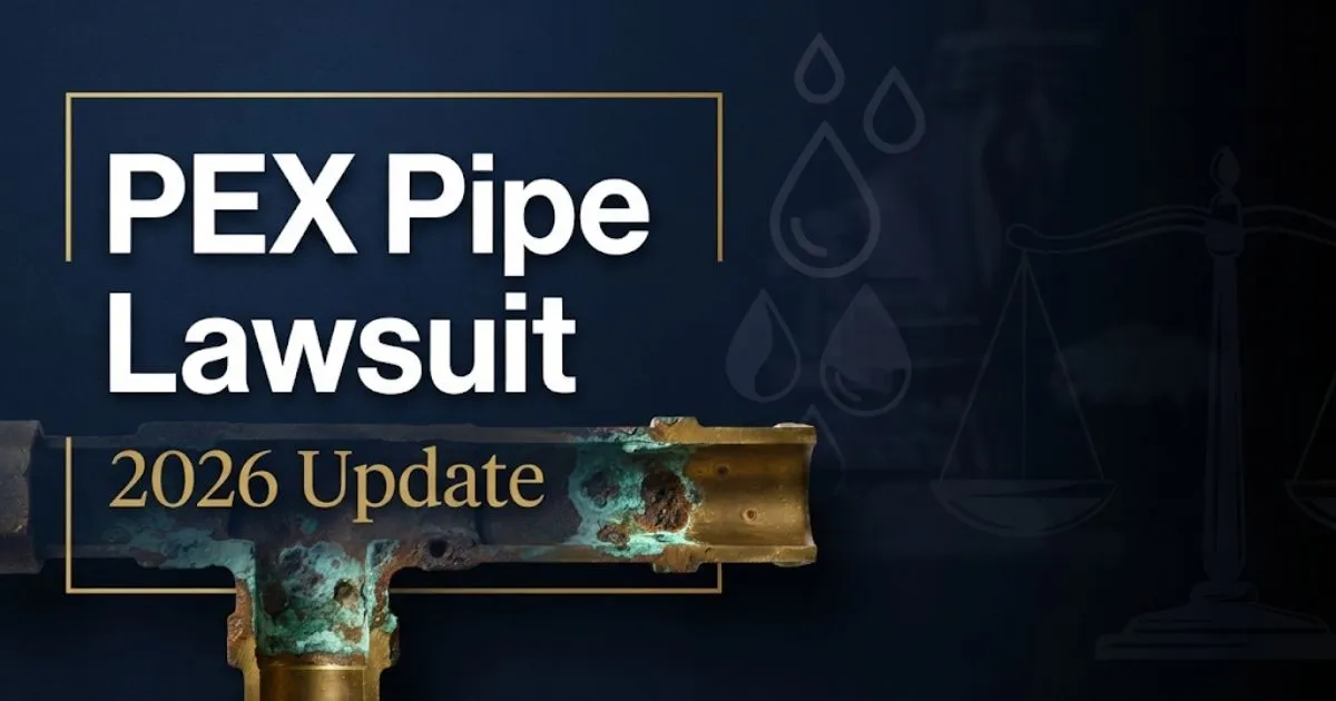 PEX pipe lawsuit 2026 hero banner with corroded brass fittings and legal scales on navy background