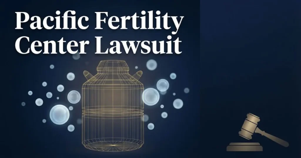 Pacific Fertility Center lawsuit hero banner with cryogenic tank and legal symbols in navy and gold