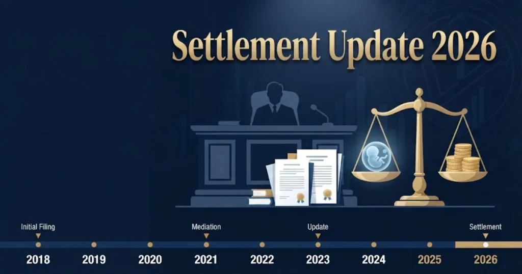 Pacific Fertility Center lawsuit settlement update 2026 graphic with scales of justice and timeline