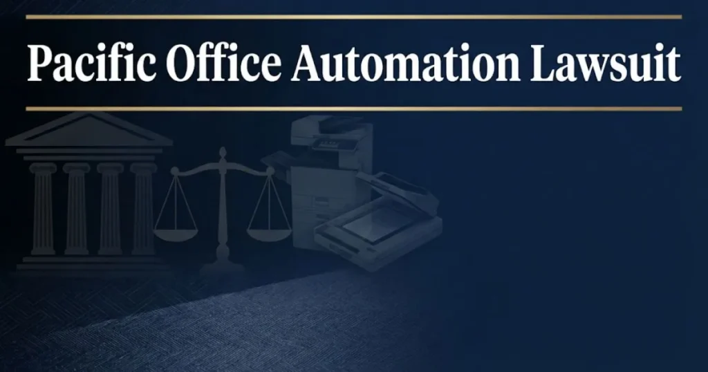 Pacific office automation lawsuit hero banner with legal scales and courthouse imagery