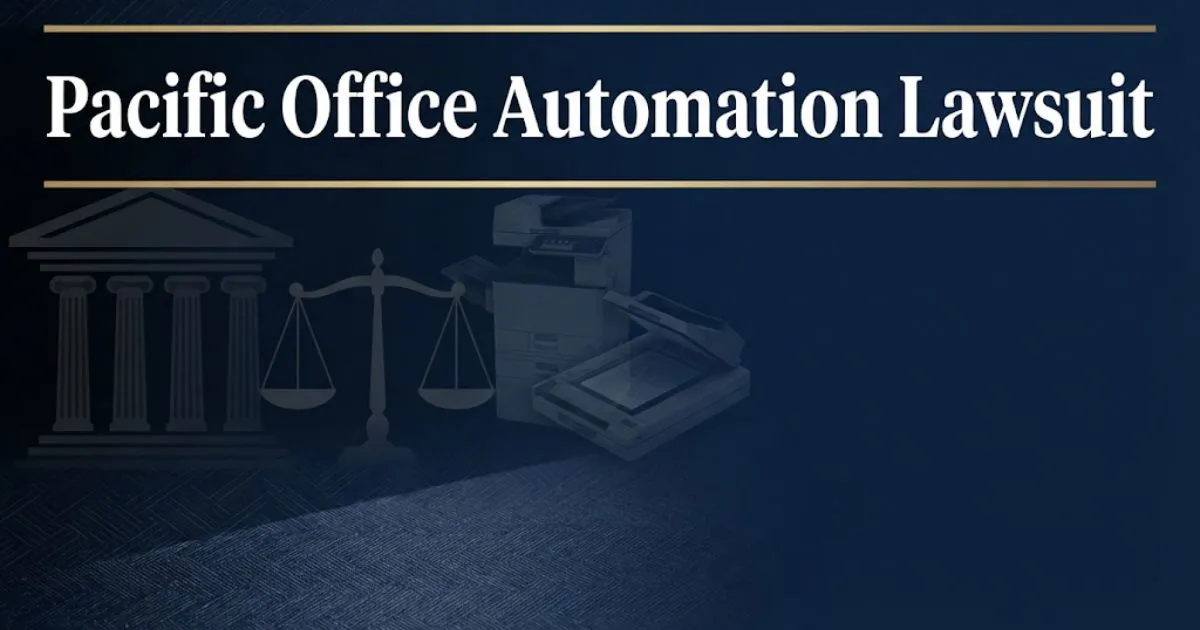 Pacific office automation lawsuit hero banner with legal scales and courthouse imagery