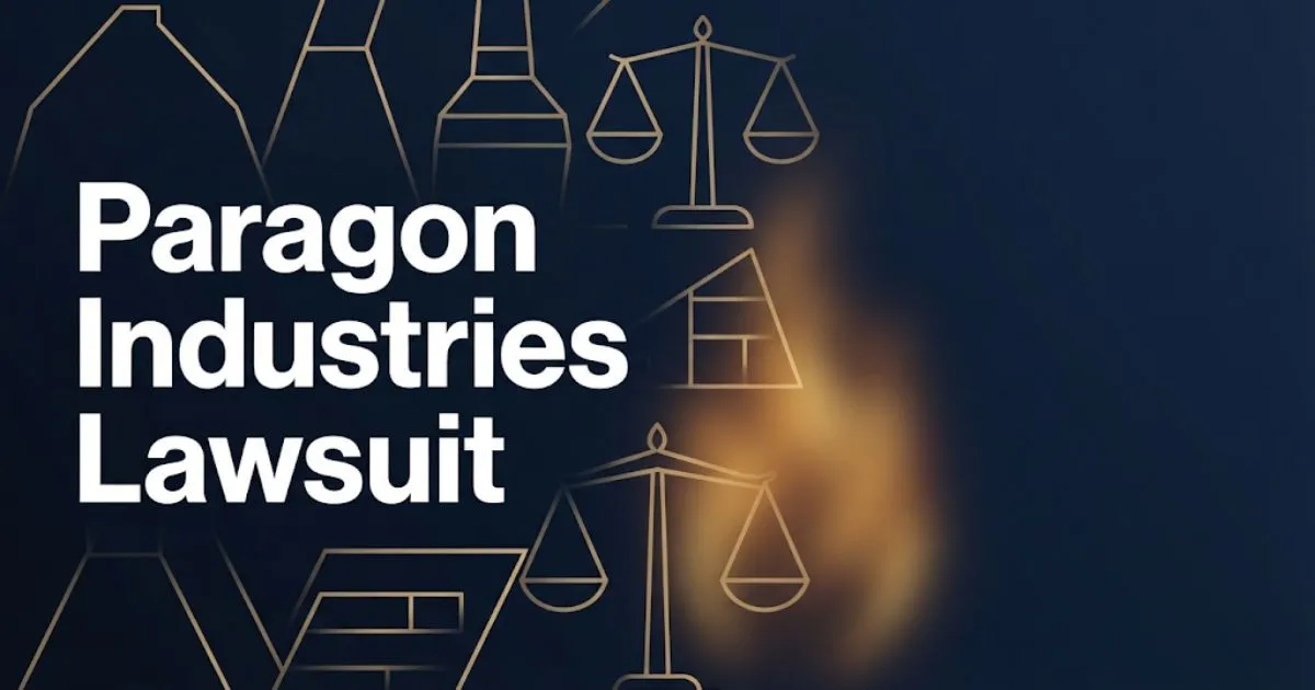 Paragon Industries Lawsuit hero banner with legal scales and kiln silhouette on navy background