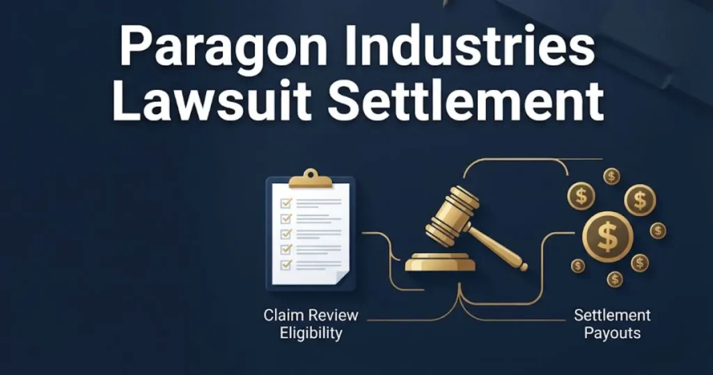 Paragon Industries Lawsuit settlement graphic with gavel and claims checklist on navy background