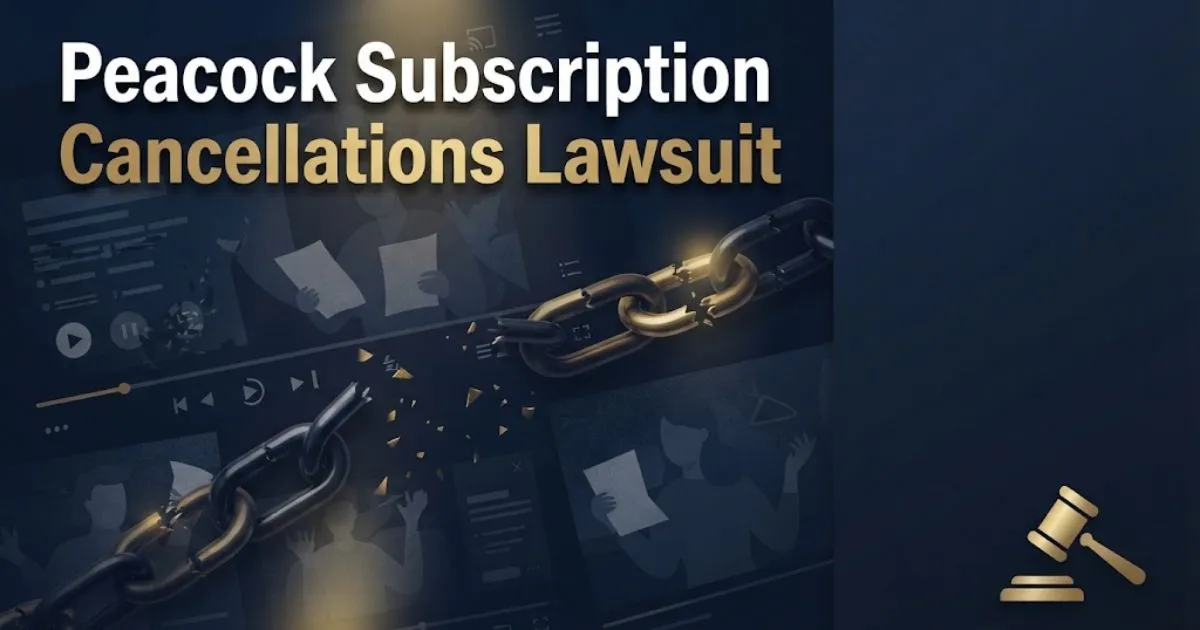 Peacock subscription cancellations lawsuit hero banner with legal icons and navy background