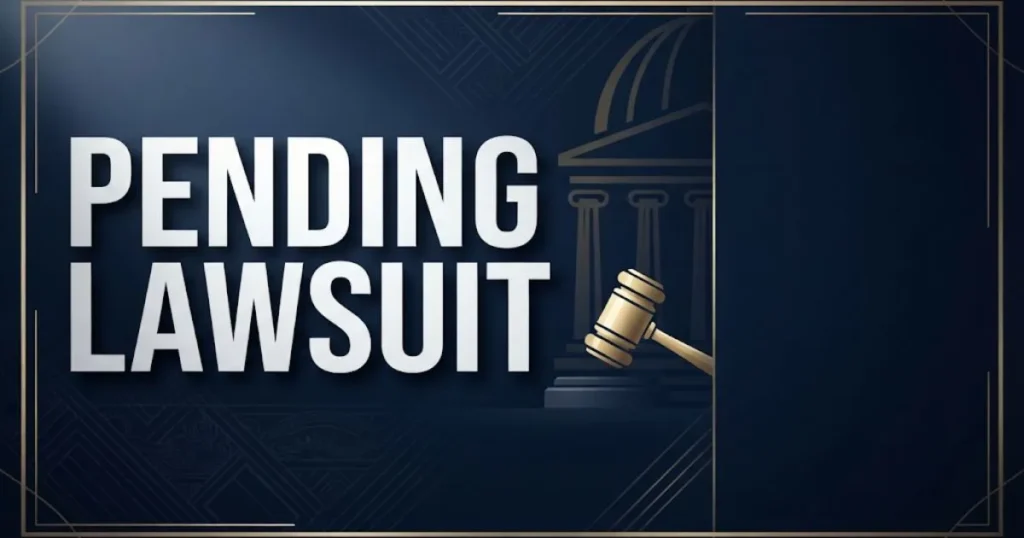 Pending lawsuit hero banner with gavel icon and courthouse silhouette on navy background