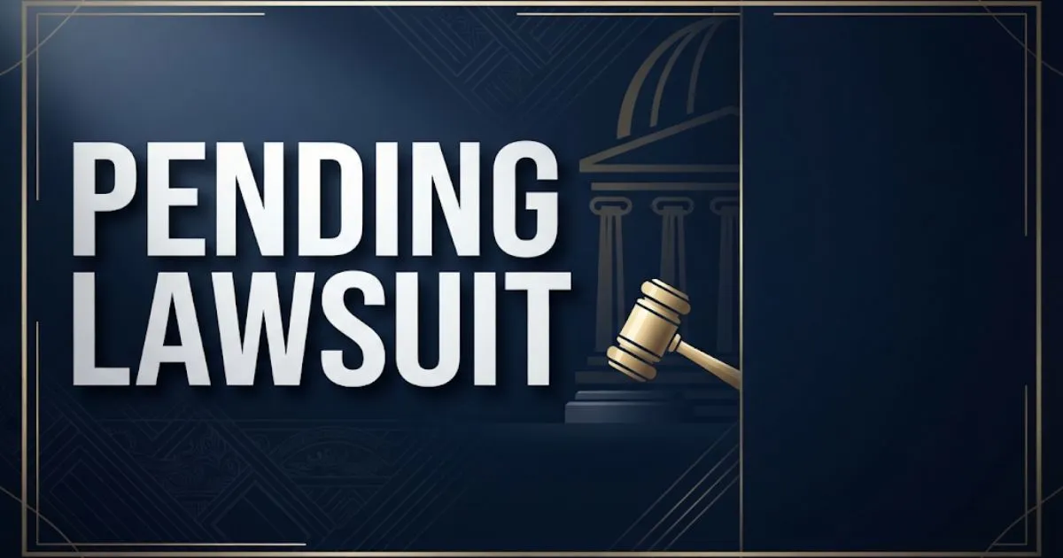 Pending lawsuit hero banner with gavel icon and courthouse silhouette on navy background