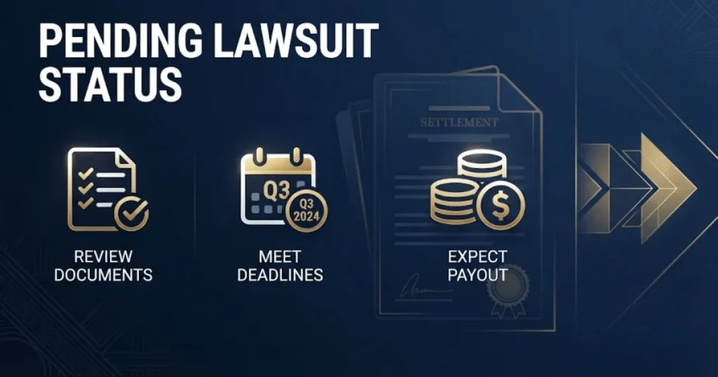 Pending lawsuit status graphic with settlement checklist and payout timeline icons