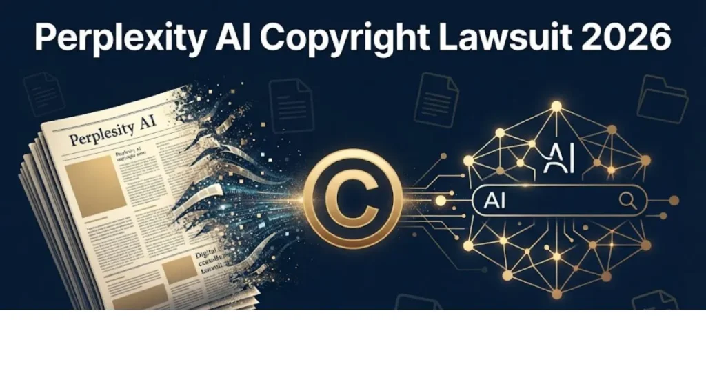 Perplexity AI copyright lawsuit 2026 graphic showing newspaper content and AI interface with copyright symbol