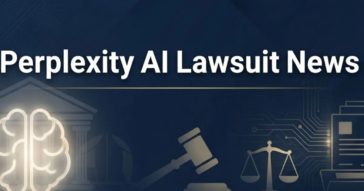 Perplexity AI lawsuit news hero banner with legal symbols and courthouse silhouette on navy background
