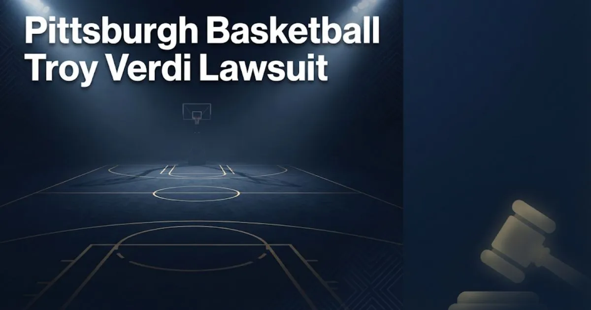Pittsburgh basketball Troy Verdi lawsuit hero banner with navy court silhouette and gold gavel icon