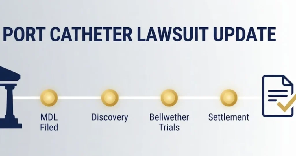 Port catheter lawsuit update 2026 timeline graphic showing MDL milestones