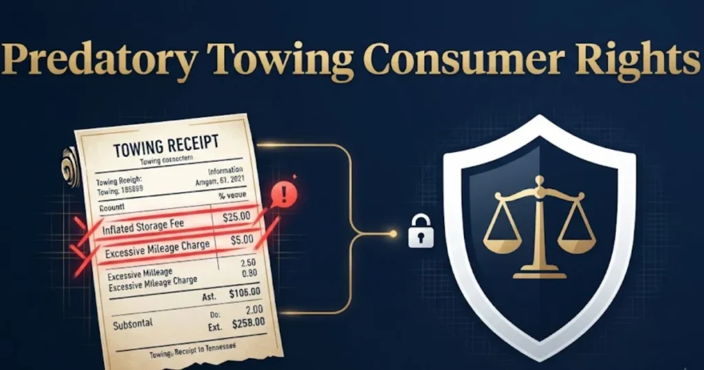 Predatory towing consumer rights graphic related to Tennessee AG Skrmetti towing lawsuit