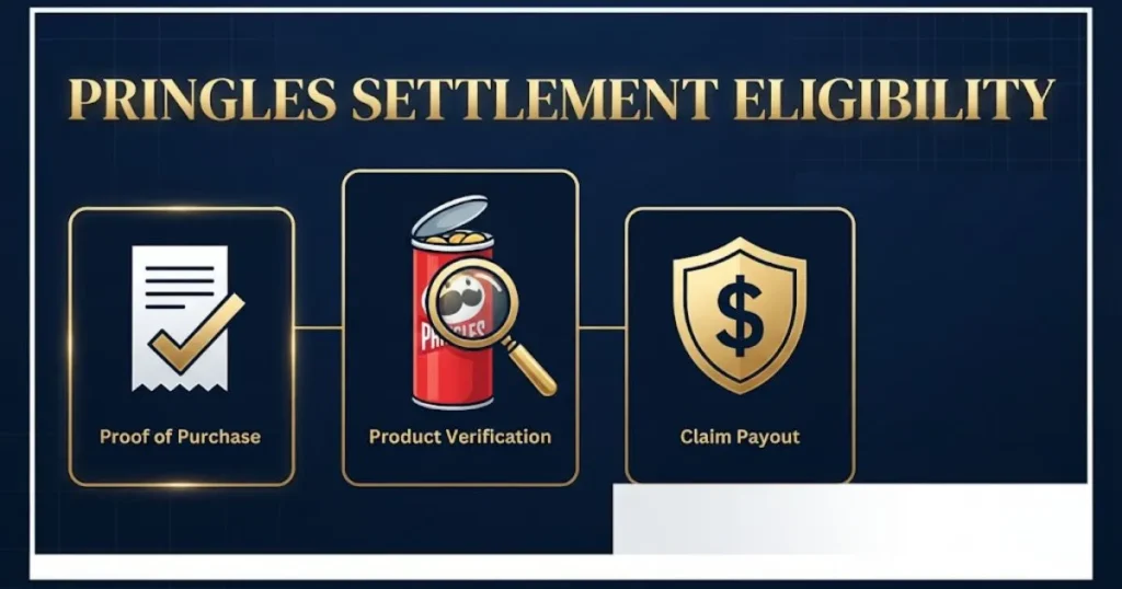Pringles lawsuit eligibility infographic showing receipt, product, and payout icons