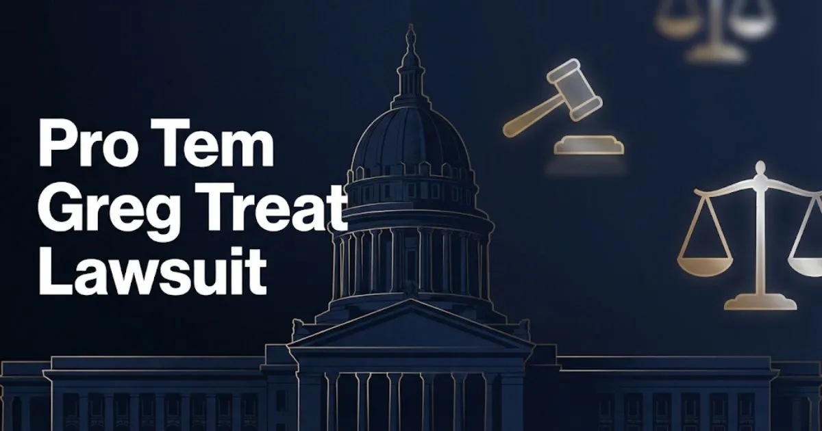Pro tem greg treat lawsuit hero banner with Oklahoma Capitol silhouette and legal symbols in navy and gold